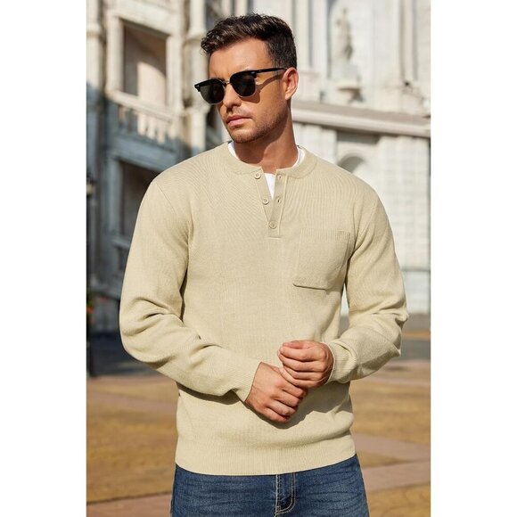 Men's Henley Knit Sweater Long Sleeve Soft Pullover Shirt with Chest Pocket - Picture 4 of 5